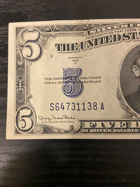 Series 1934 D $5 Five Dollar Silver Certificate Blue Seal   F 2078 4