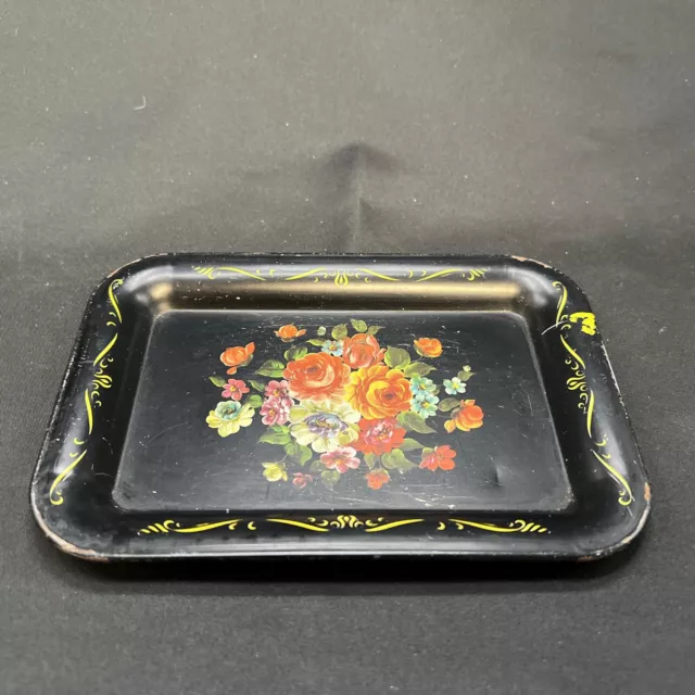 Vintage Small Tole Tin Tray Painted Rose