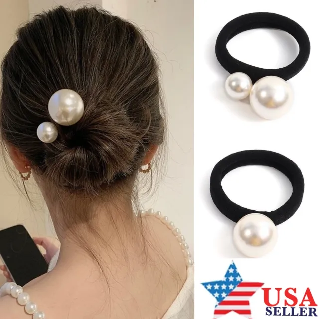 US 4PCS Women Elastic Ropes XL Pearl Hair Ties Ponytail Hair Rings Rubber bands