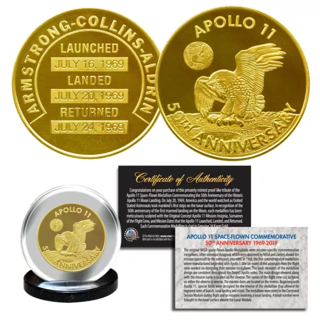 Apollo 11 50th Anniv. Commemorative Robbins Space Medallion Coin 24K GOLD 32MM