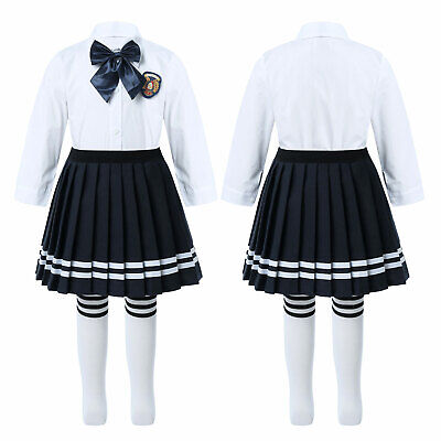 Kid Girls School Uniform Outfit Blouse Shirt Top+Pleated A-line Skirt Casual Set