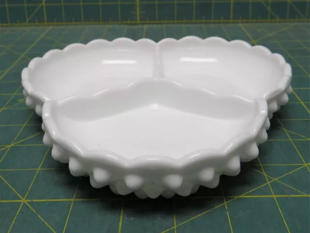 Vintage Fenton Hobnail Ruffled White Milk Glass 3 Section Divided Candy Dish 7"