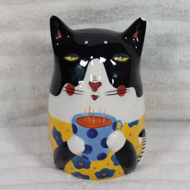 Whimsical Cat Drinking Coffee Bank Ceramic Flowers Gag Gift Art Deco 6" READ