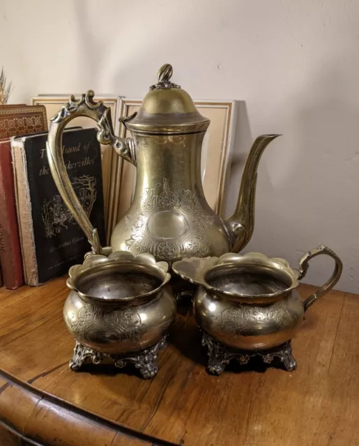 Antique Victorian Silver Plate EPNS Ornate English Coffee Pot Sugar Bowl & Jug 3