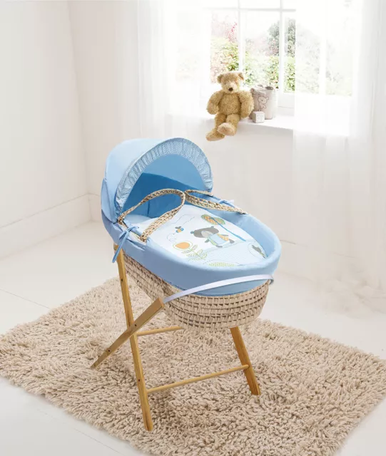 Boys Blue Moses Basket & Folding Stand With Mattress and Bear Themed Bedding