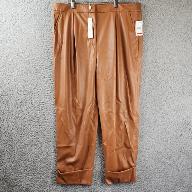 TRINA TURK Cuffed Faux-Leather Straight Pants Women's 14 Nutmeg Pleated Zip-fly~