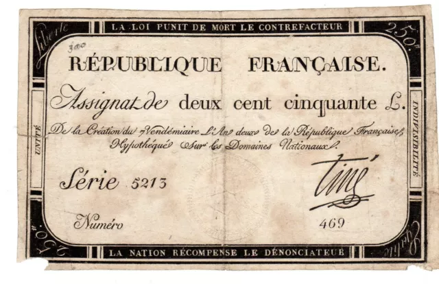 FRANCE ASSIGNAT 250 FRANCS 1793 2 de la REPUBLIQUE DOMAINEs NATIONAU REVOLUTION