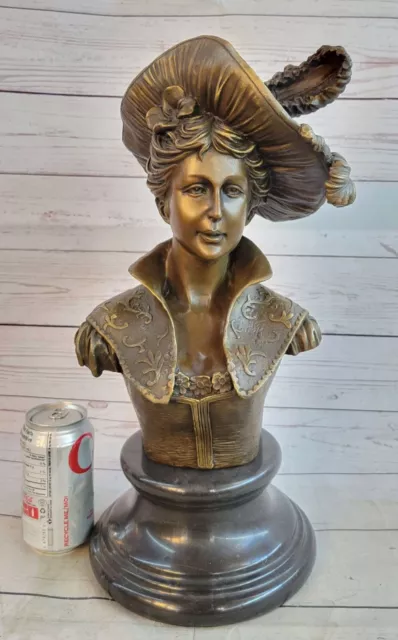 Bronze Bust Sculpture of a Victorian or Edwardian Woman in a Hat on Marble Base 2