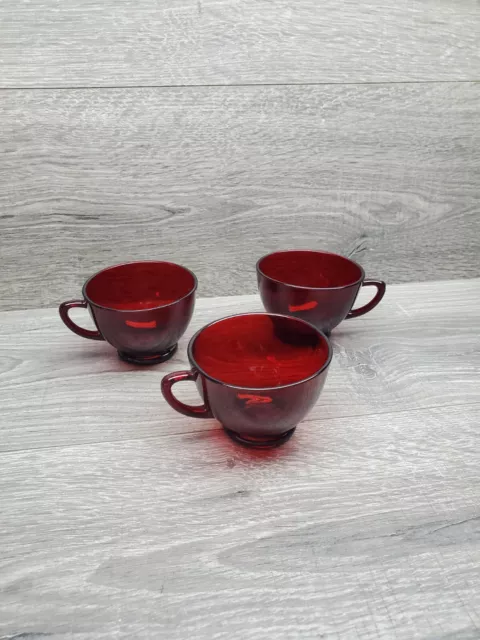 VTG Anchor Hocking Royal Ruby Red Teacups /Coffee Cups Set of 3 Cups