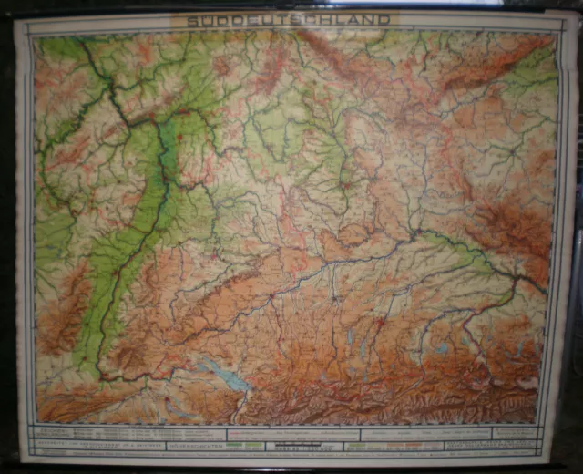 Schulwandkarte Map Allemagne Du Sud Bavière Baden Munich Alpes Alps 1958