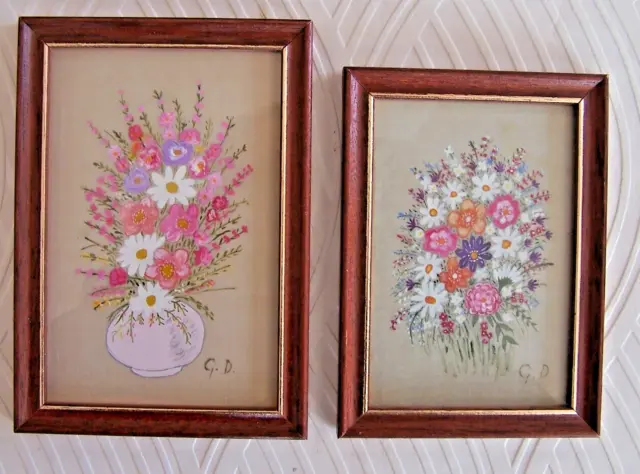 CADRES TABLEAUX lot de 2 Peinture sur Soie par G. D. thème ART FLORAL