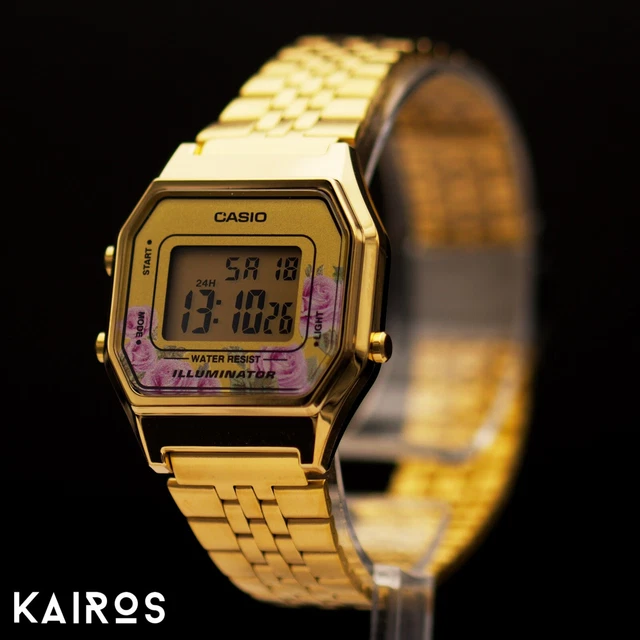 Orologio Digitale Donna Casio LA680W Vintage Quarzo Lcd in Acciaio Oro e Fiori