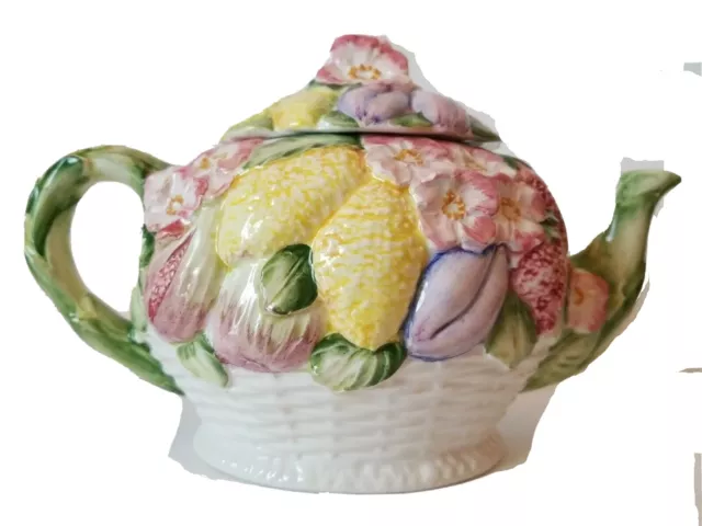 Vintage Flowered Fruit Teapot Hand Crafted Made In Italy Basket Weave