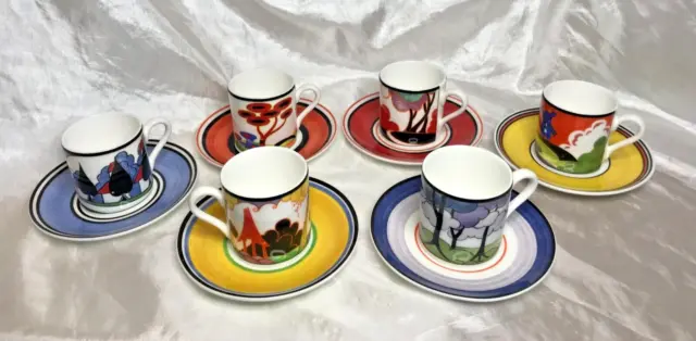 6 x Wedgwood Limited Edition CLARICE CLIFF "CAFE CHIC" Coffee Cups & Saucers 2