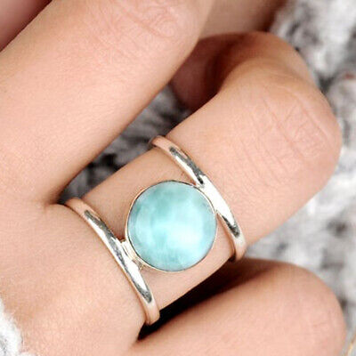 Larimar Ring 925 Sterling Silver Wide Band Ring Handmade Boho Jewelry kd8752