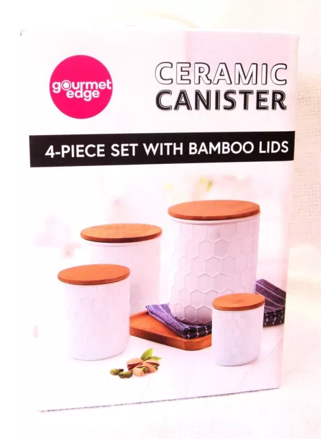 NIB GOURMET EDGE 4 Pc WHITE CERAMIC CANISTER SET with BAMBOO LIDS $28. ...