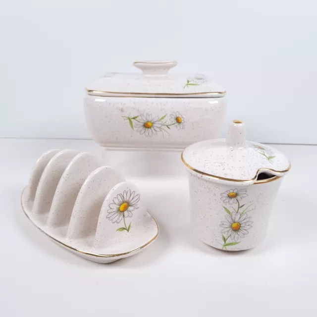 Kernewek Pottery Breakfast Set Toast Rack Butter Dish Jam Jar Daisy Floral 2