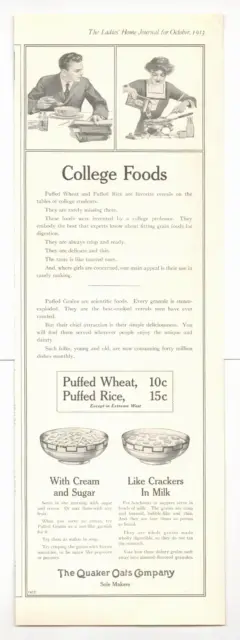 1913 QUAKER OATS Puffed Wheat Rice cereal antique PRINT AD breakfast college