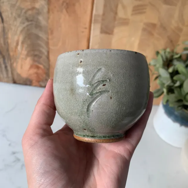 Vintage Celadon Glazed Pot With Incised Design, Hand Thrown Studio Pottery Dish