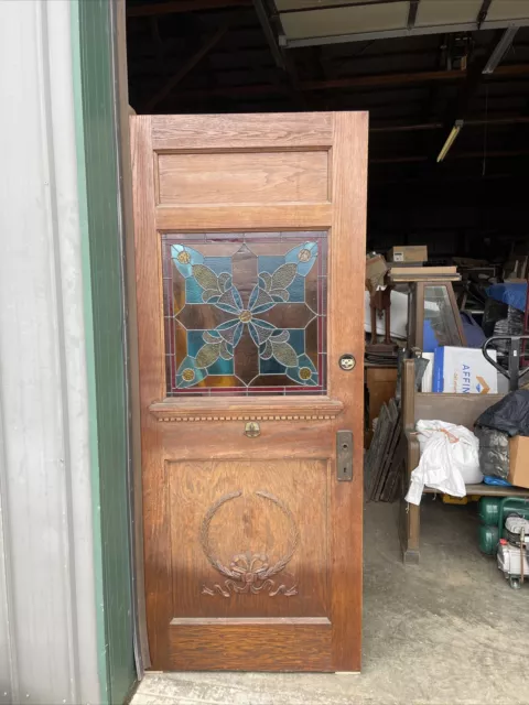 AN 715 antique oak stained glass entrance door 33.5 x 80.25 x 1.75