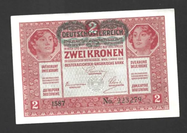 2 Kronen Extra Fine-Aunc Overprinted Banknote From Austria 1919  Pick-50