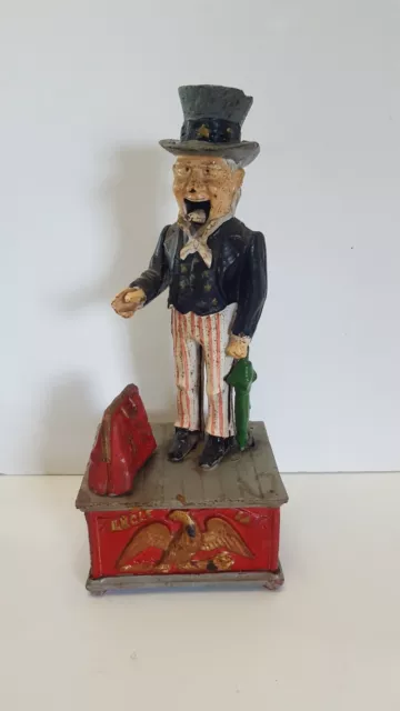 Vtg  Uncle Sam Mechanical Cast Iron Coin Bank Works