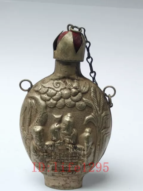 Collecting China Ancient Tibet Silver Carving Figure Snuff Bottle Decoration