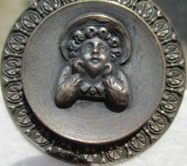 Vintage Antique French~YOUNG GIRL w/HAT~FANCY BORDER 1 1/2" Metal Picture Button
