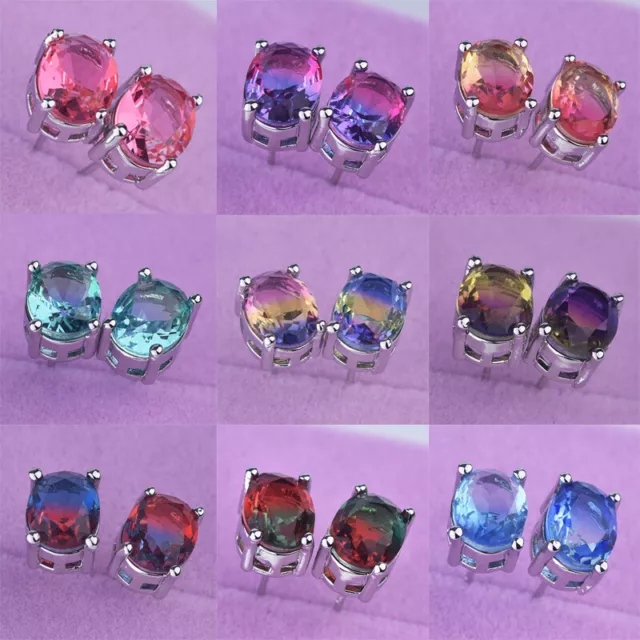 9pcs Set Oval Cut Bi Color Tourmaline Gems Charm Women Stud Earrings Silver