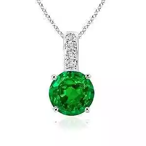 ANGARA 5mm Natural Emerald Solitaire Pendant with Diamond in Silver for Women
