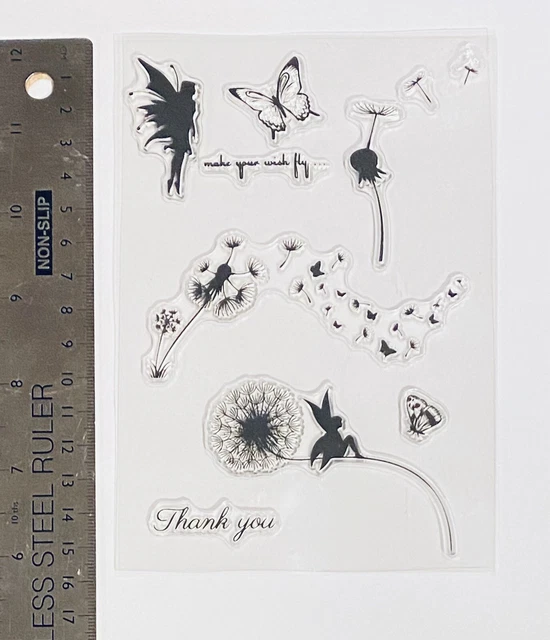 Clear rubber stamp Girl Sparkle Wings Dandelion Fly Cartoon Magic Background