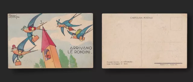 "Arrivano le Rondini". Cartolina anni '40 per  IL Vittorioso. Illustra Craveri.