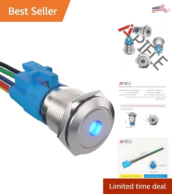 STAINLESS STEEL 19MM Blue Durable Push Button Switch - Latching - 12V ...