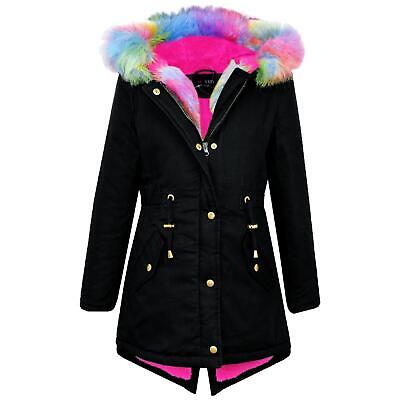Kids Girls Rainbow Faux Fur Black Hooded Parka School Jackets Outwear Coats 5-13