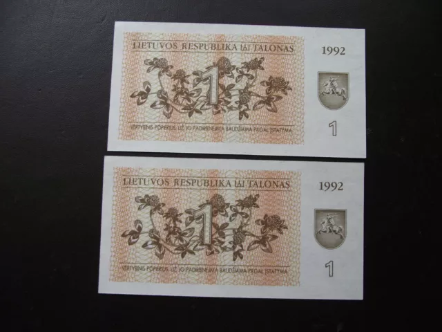 Litauen/Lithuania. Talonas System. 2 UNC Konsekutiv Banknoten@1 Talonas (1992) 3