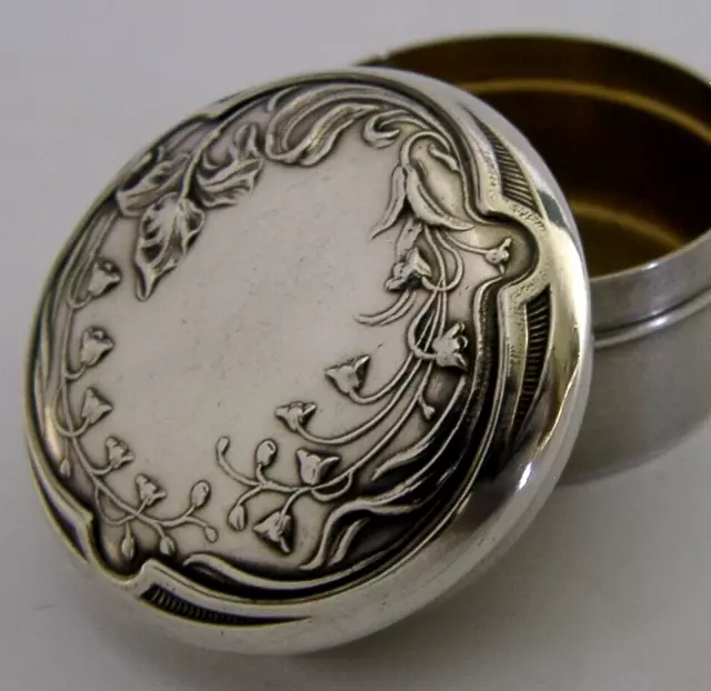 PRETTY FRENCH SOLID SILVER IRIS BLUEBELLS PILL BOX c1910 ANTIQUE ART NOUVEAU