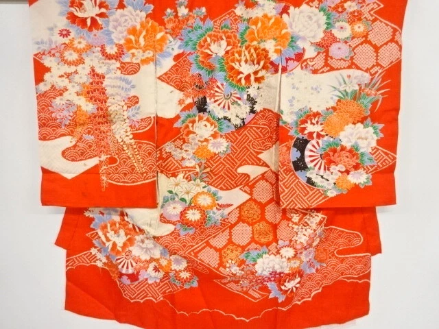 39911# Japanese Kimono / Antique Kimono For Girls / Embroidery / Flower Cart