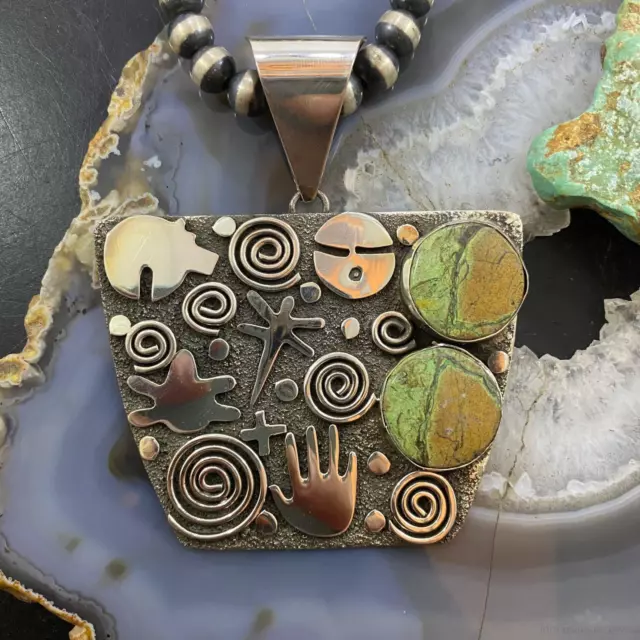 Alex Sanchez Native American Sterling River Jasper Petroglyph Tablet Uni Pendant