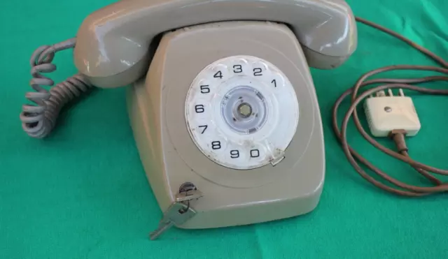 Vintage Retro Beige Old Telephone Rotary Dial With Phone Line Cable