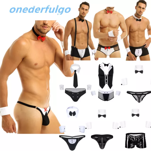 4Pcs Men Sexy Waiter Tuxedo Suit Boxers Briefs Underwear Outfits Set Costume