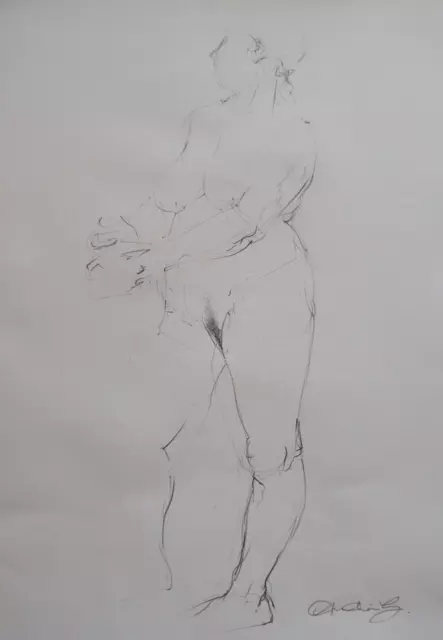 Original Pencil Life Drawing Female Nude Study Standing in Profile on Paper