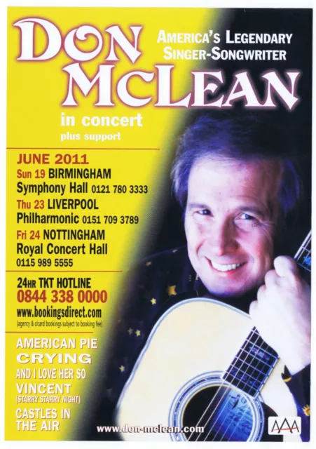 Don McLean   UK  Concert Tour 2011   Playbill  Concert  Flyer  RARE