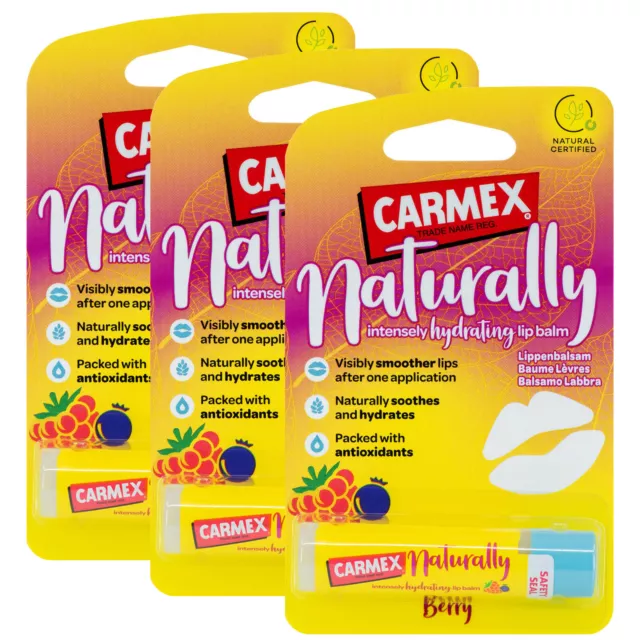 3 x Carmex NATURALLY Berry Lip Balm Natural Hydrating Moisturising Stick 4.25g