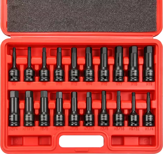 20 Piece 1/2" Drive Master Impact Hex Driver Set, SAE Metric Hex Head Impact Dri