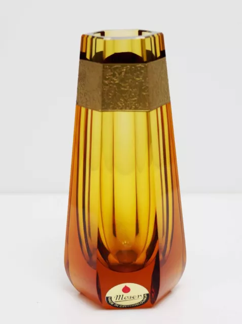 Vintage Moser 6-1/4" Vase Amber Glass Octagonal Vase with Gilt Band