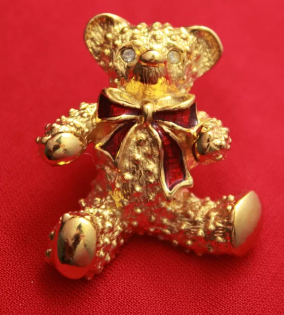 Vintage TEDDY BEAR with Bow Gold Tone Figural Lapel Pin - Enamel, Rhinestones