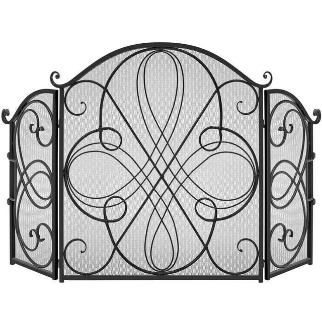 Fireplace Screen Mesh Protect Free Standing Stove Iron Scrollwork Folding Style