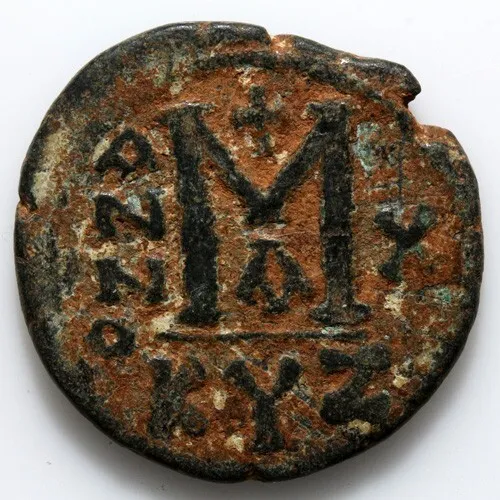 Byzantine coin-AE follis-Justin II-Cyzicus year 10 , circa 565-578 A.D