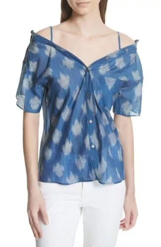 Theory Tamalee Blue Ikat Cotton Silk Short Sleeve Button-Up Blouse Womens sz S