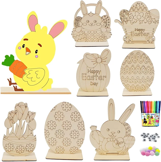 Oster-Bastelset Für Kinder – 6 Holzfiguren Zum Bemalen (Hasen & Küken), Inkl. Pompons, Wackelaugen & Mehr